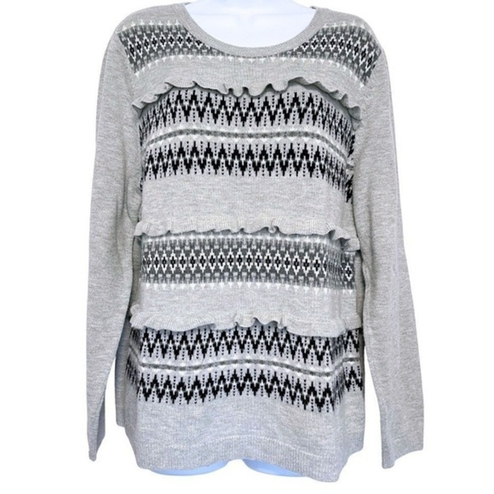 Talbots Fair Isle Sweater Womens Size XL Gray Lambswool Blend Ruffle Cozy Nordic